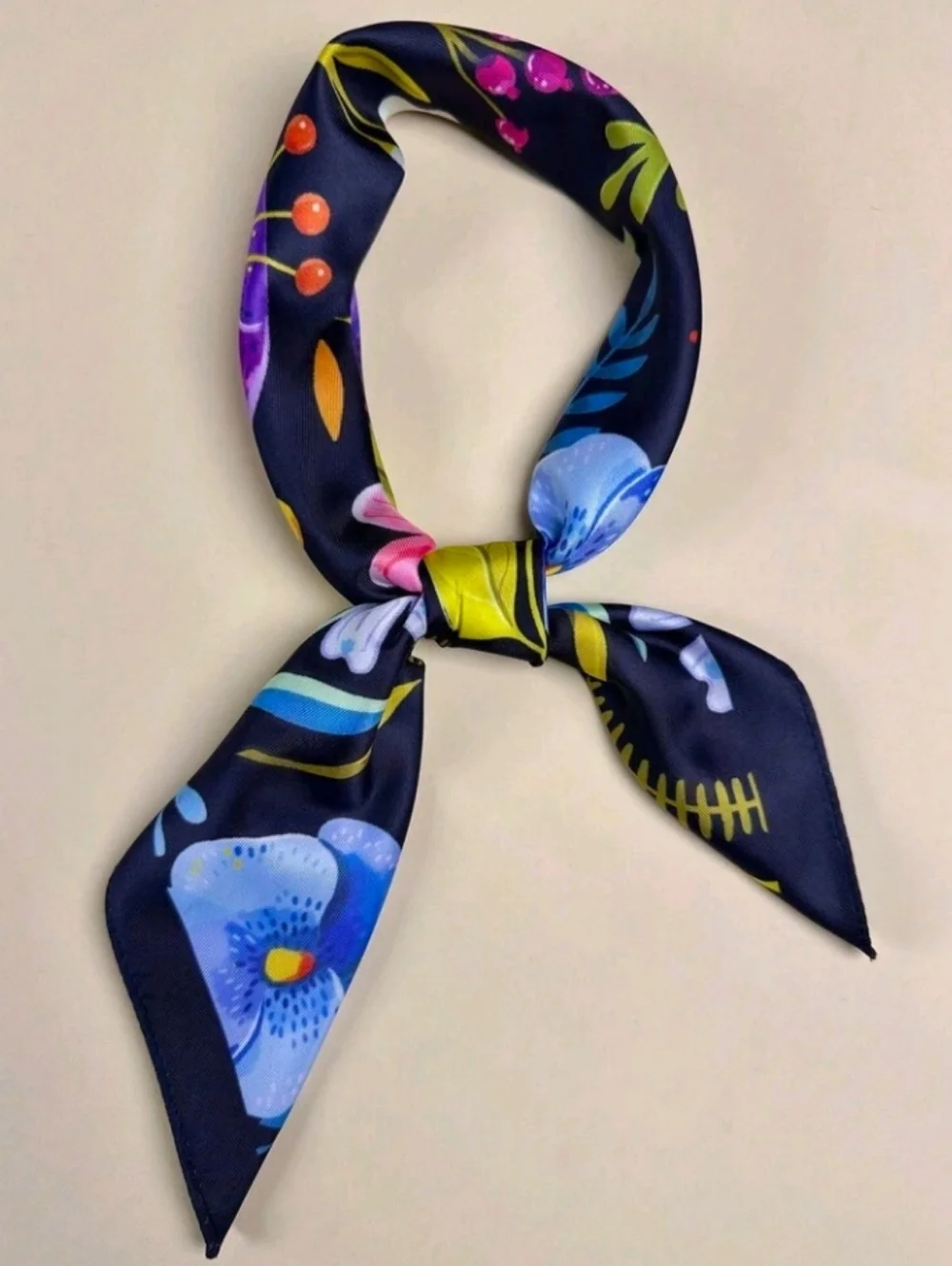 Floral Multicolor Satin Scarf on Black Background Summer Beach Festival Vacation